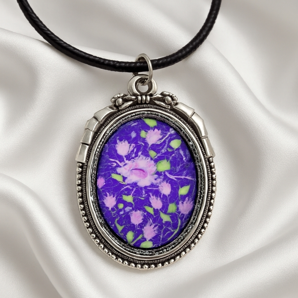 Purple Floral Pendant Necklace on Silver Frame – Elegant Black Cord Jewelry